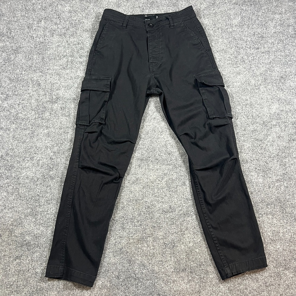 Asos Design Cargo Pants Mens 28 Black Cotton Stretch Utility 3D Pockets Tapered